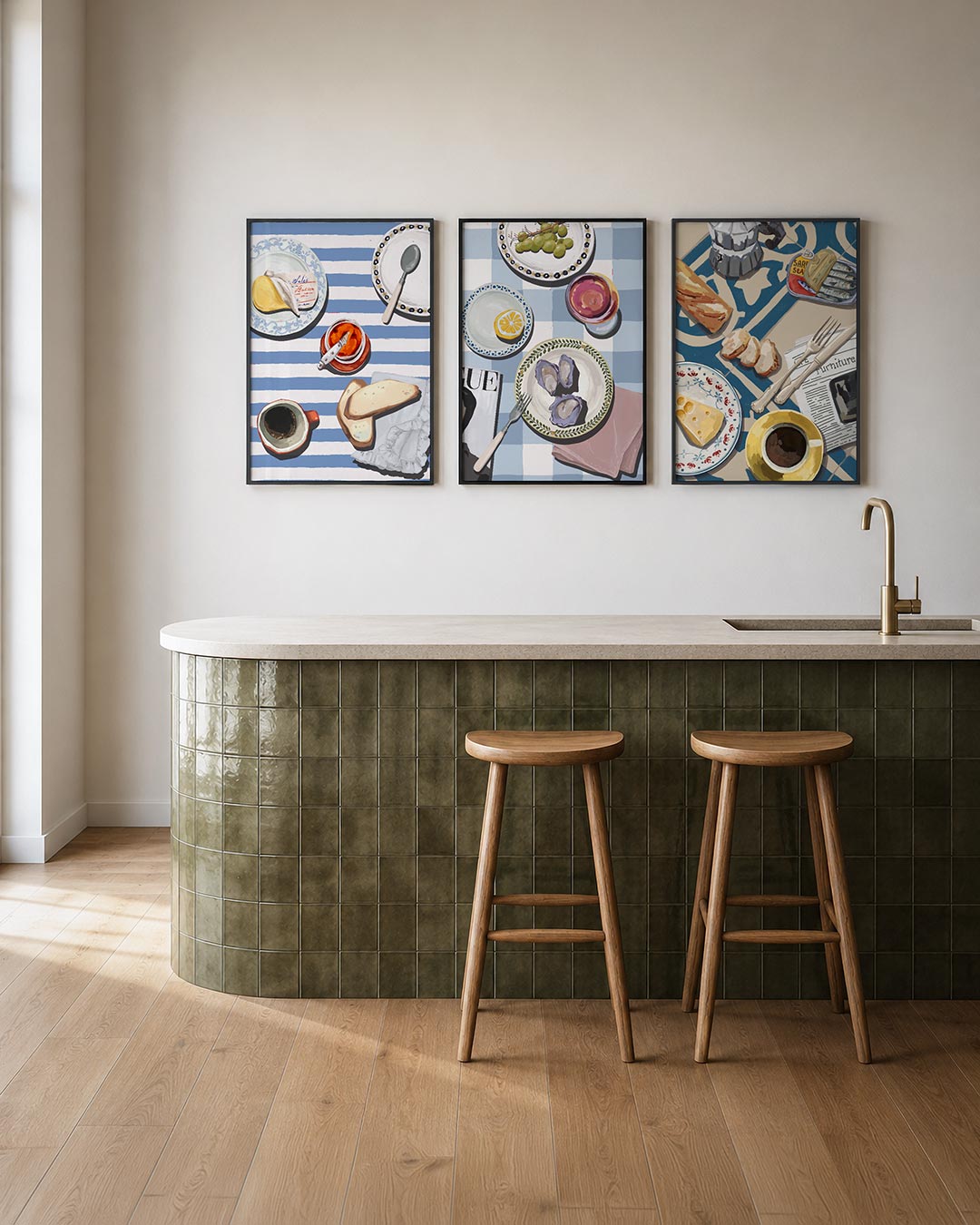 Ontbijt op strepen posterset – tweede productweergave – deze driedelige postercombinatie toont een speels