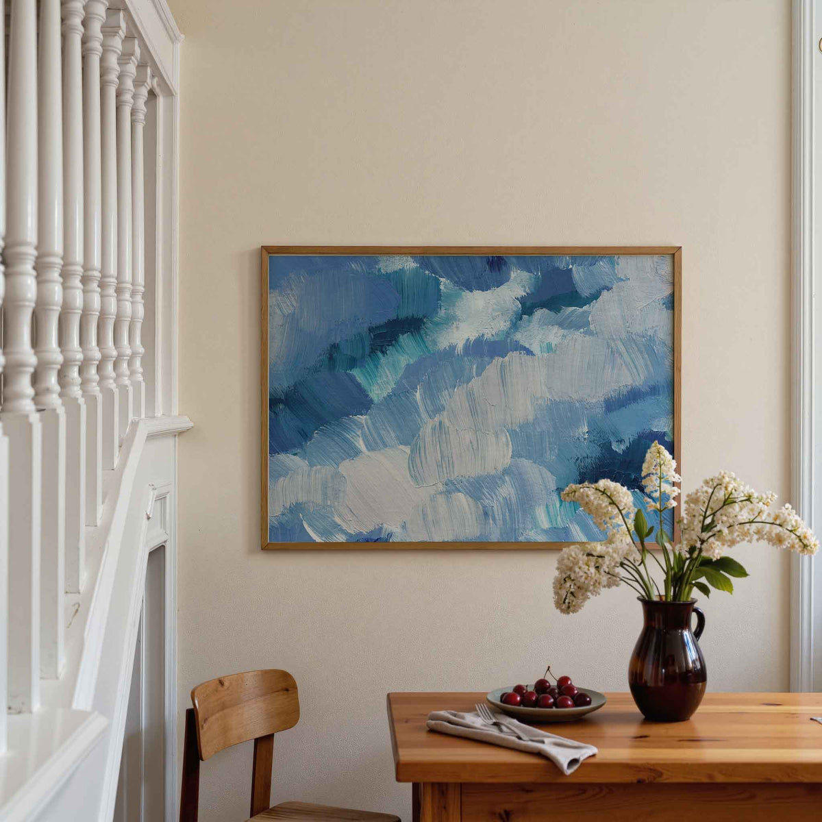 Blauwe penseelstreken – artistieke poster in liggend formaat