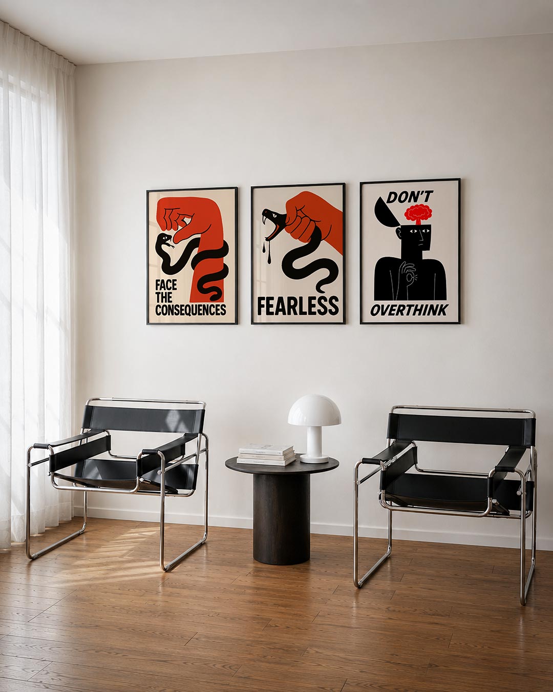 Krachtige confrontatie driedelige posterset – een rode hand en een zwarte slang vormen een dynamisch