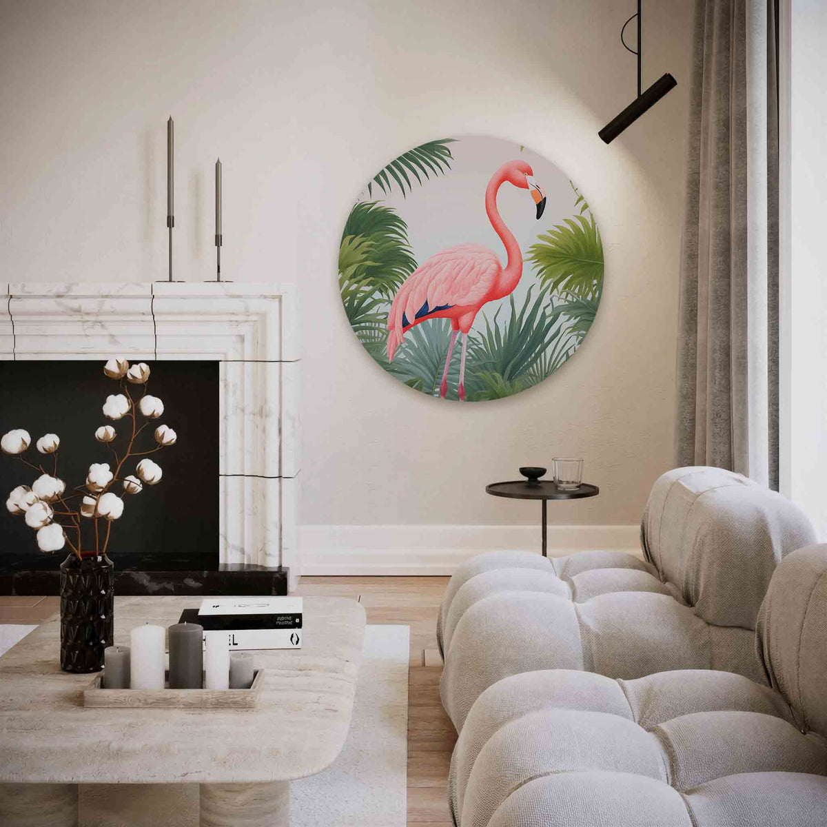 Flamingo en bladeren – vrouwelijk portret muurcirkel als wanddecoratie