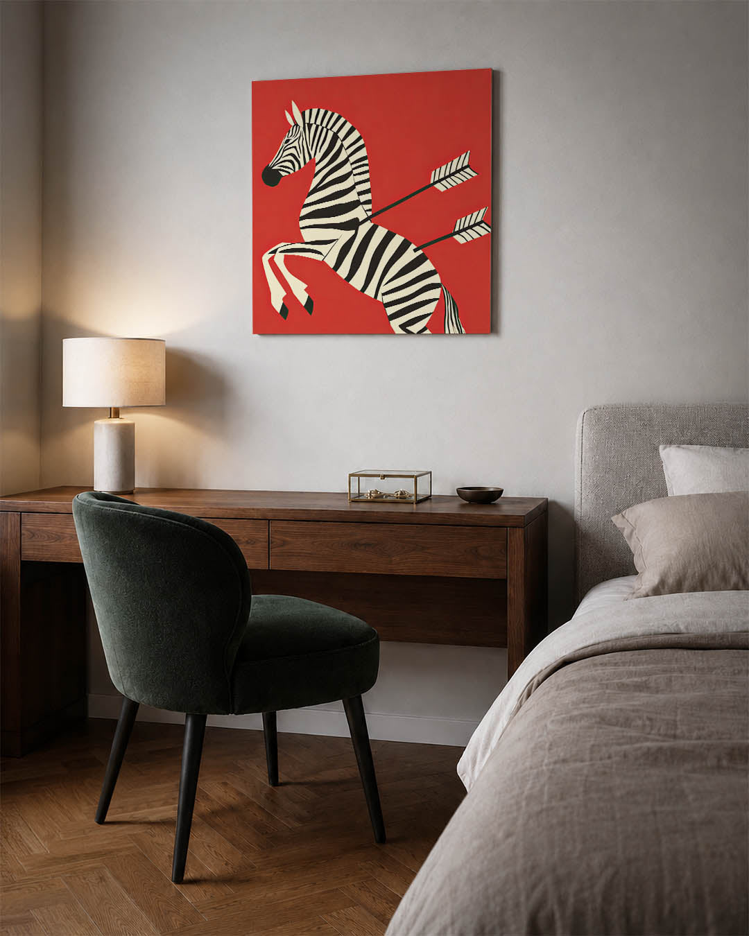 Gestreepte zebra illustratie kunstwerk – materiaalweergave – dit toont een zebra met zwarte en witte strepen op een rode