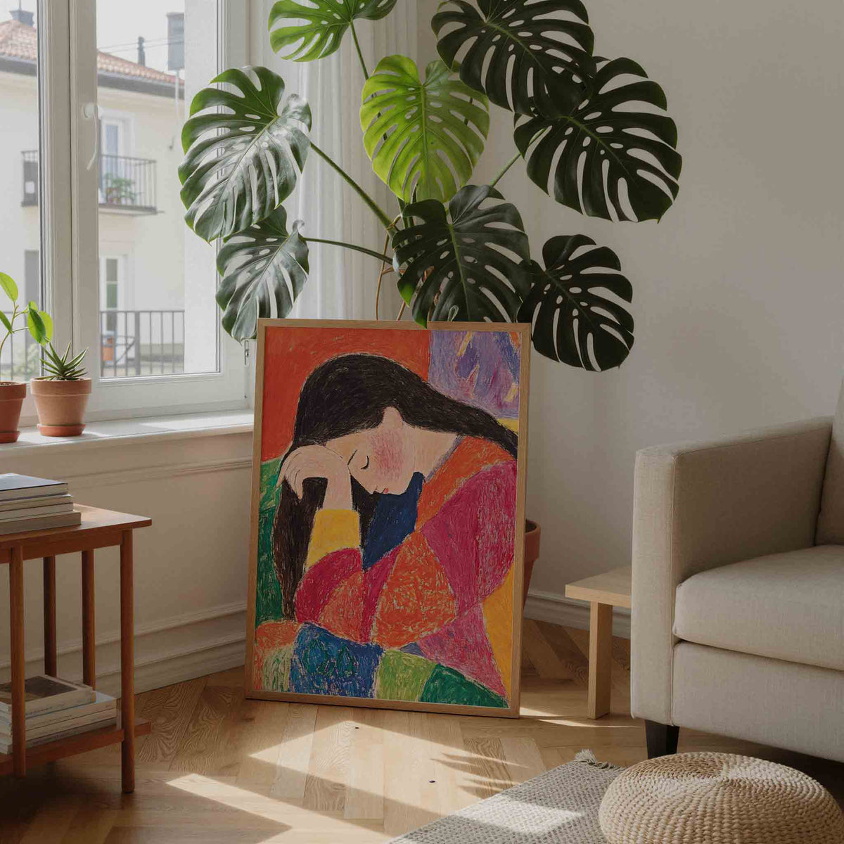 Vrouw met kleurrijke kleding – staande dromerige wanddecoratie van WallArtistic