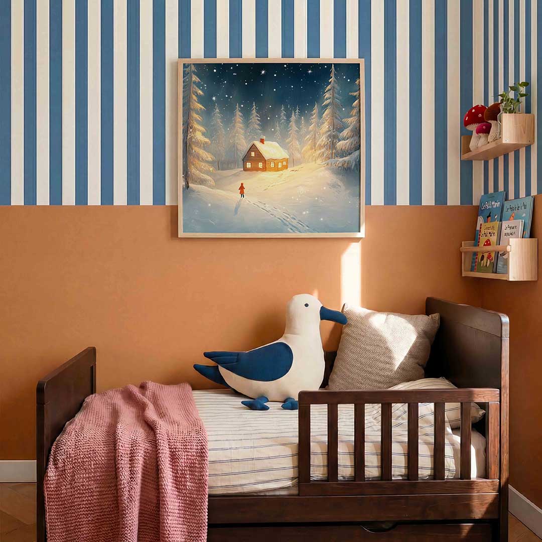 Sneeuwlandschap met huis – kids poster in vierkant formaat