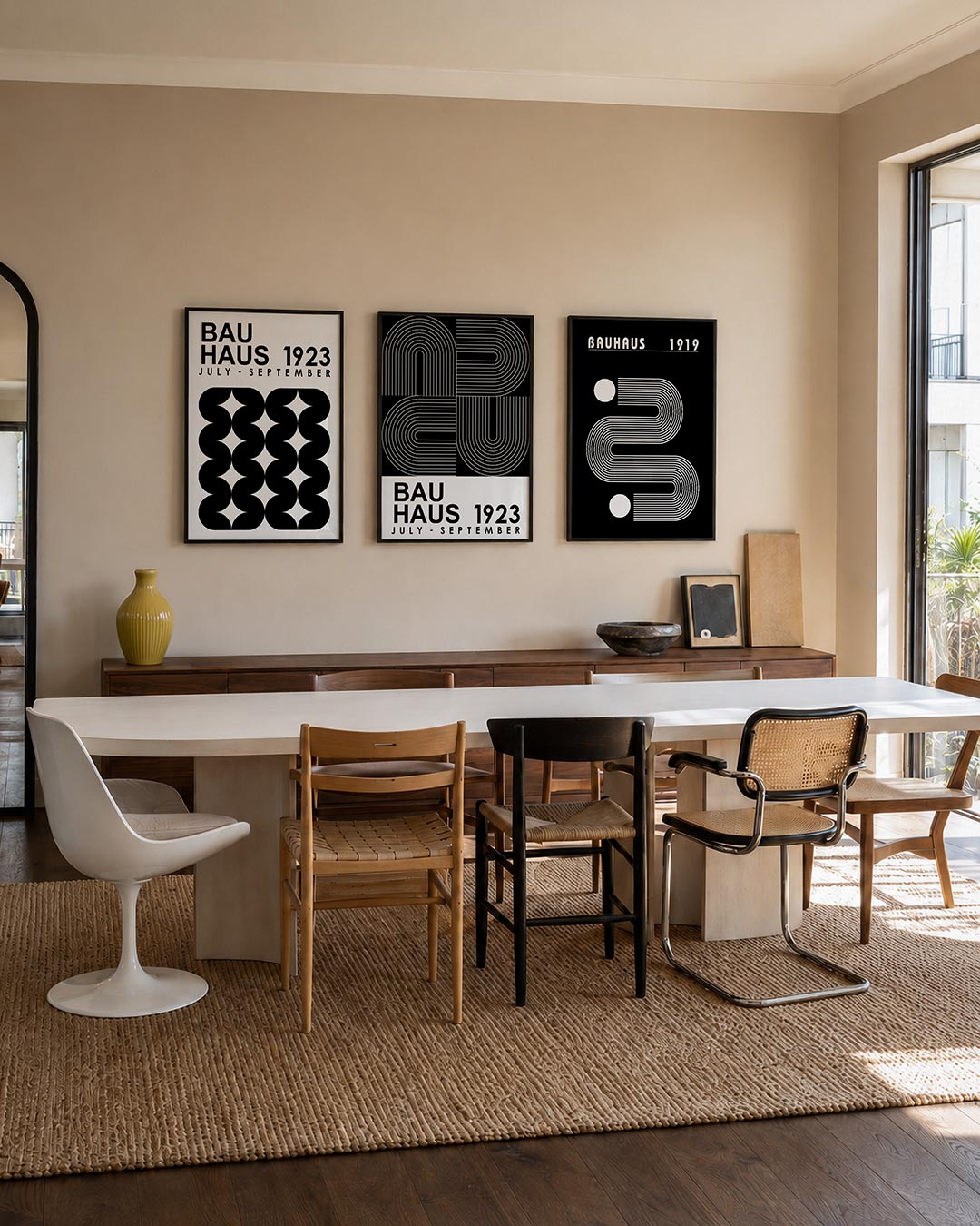 Zwart wit ritme posterset – tweede productweergave – deze posterset in drie delen toont een strak lijnenspel met herhalende
