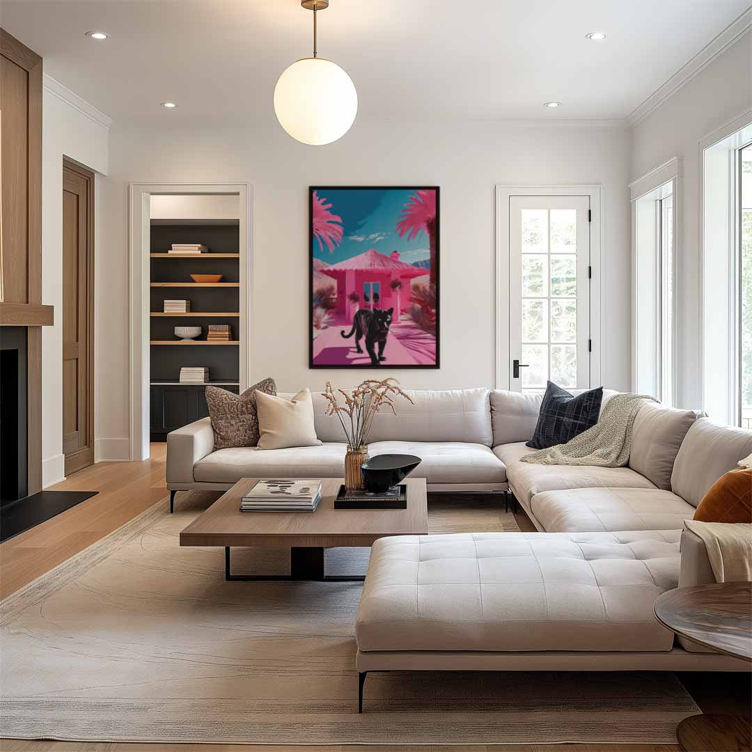 Panther in een Roze Paradijs – plexiglas wanddecoratie in portret formaat