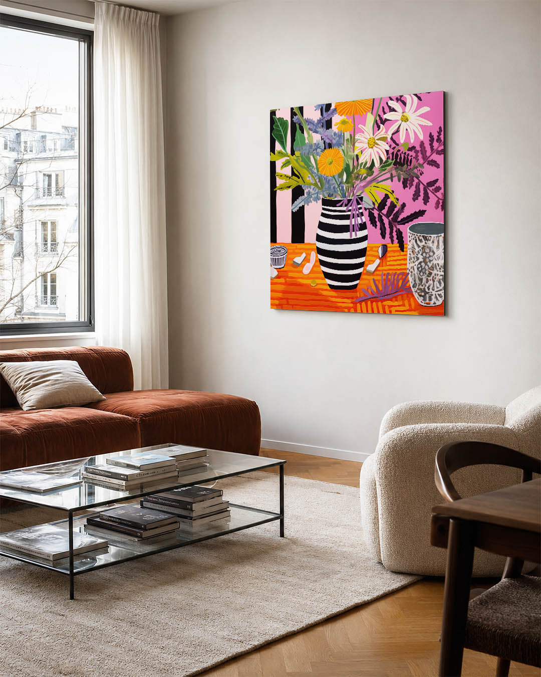 Bloemrijke compositie kunstwerk – vierkante wanddecoratie – dit kunstwerk toont een levendige bloemenvaas met contrasterende