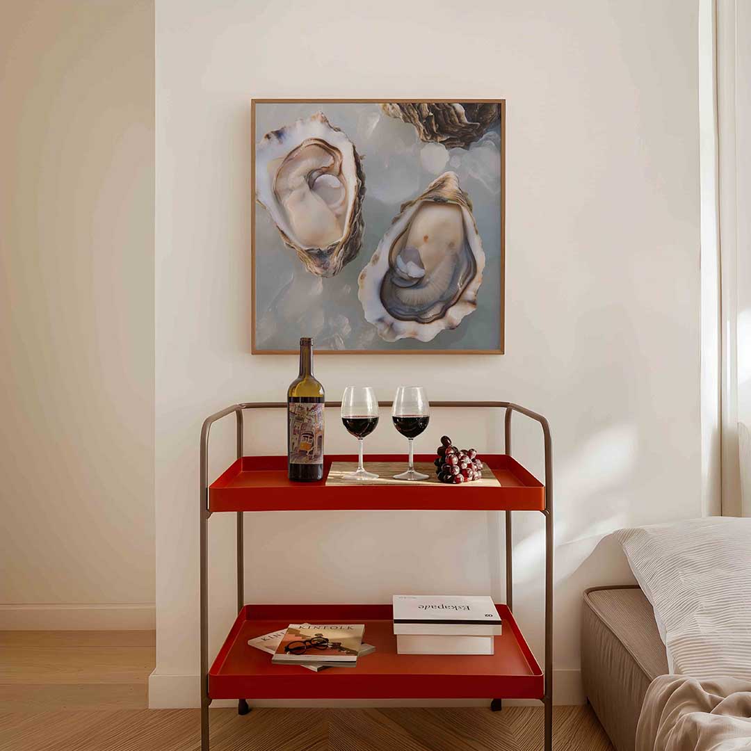 Open oesters op ijs – vierkante keuken wanddecoratie van WallArtistic