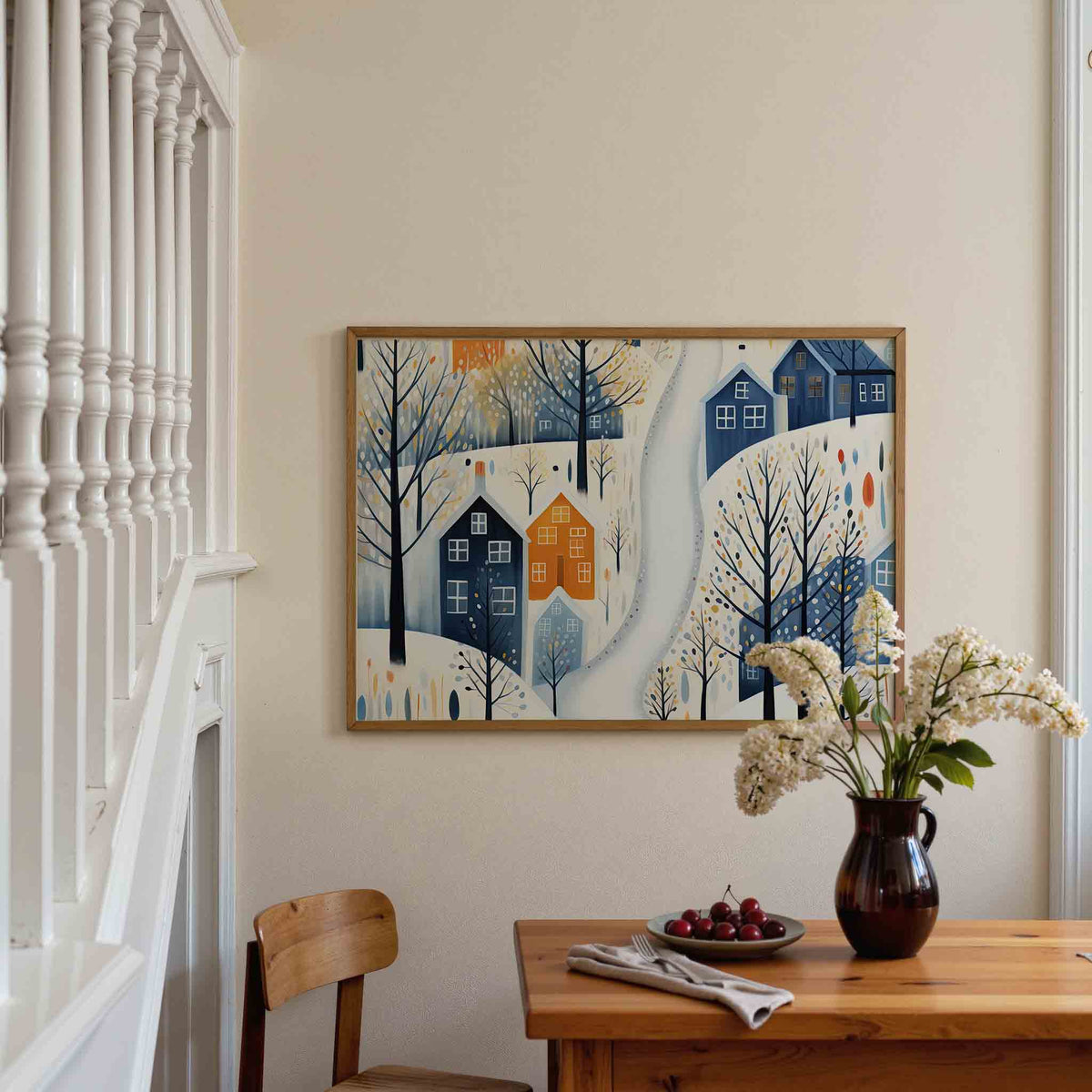 Sneeuwlandschap met huizen – liggende illustratie poster als wanddecoratie