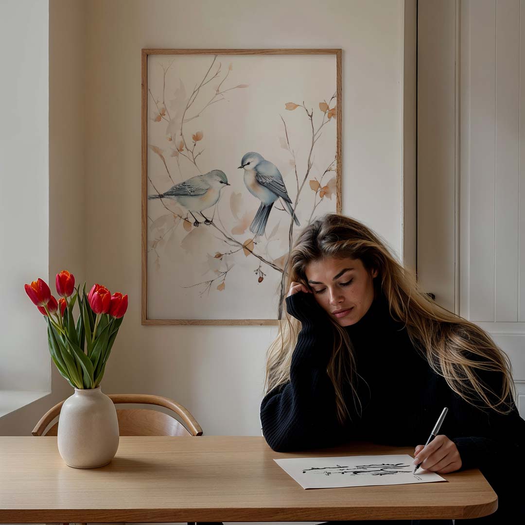 Vogels op een Herfsttak – staande verfijnde wanddecoratie van WallArtistic