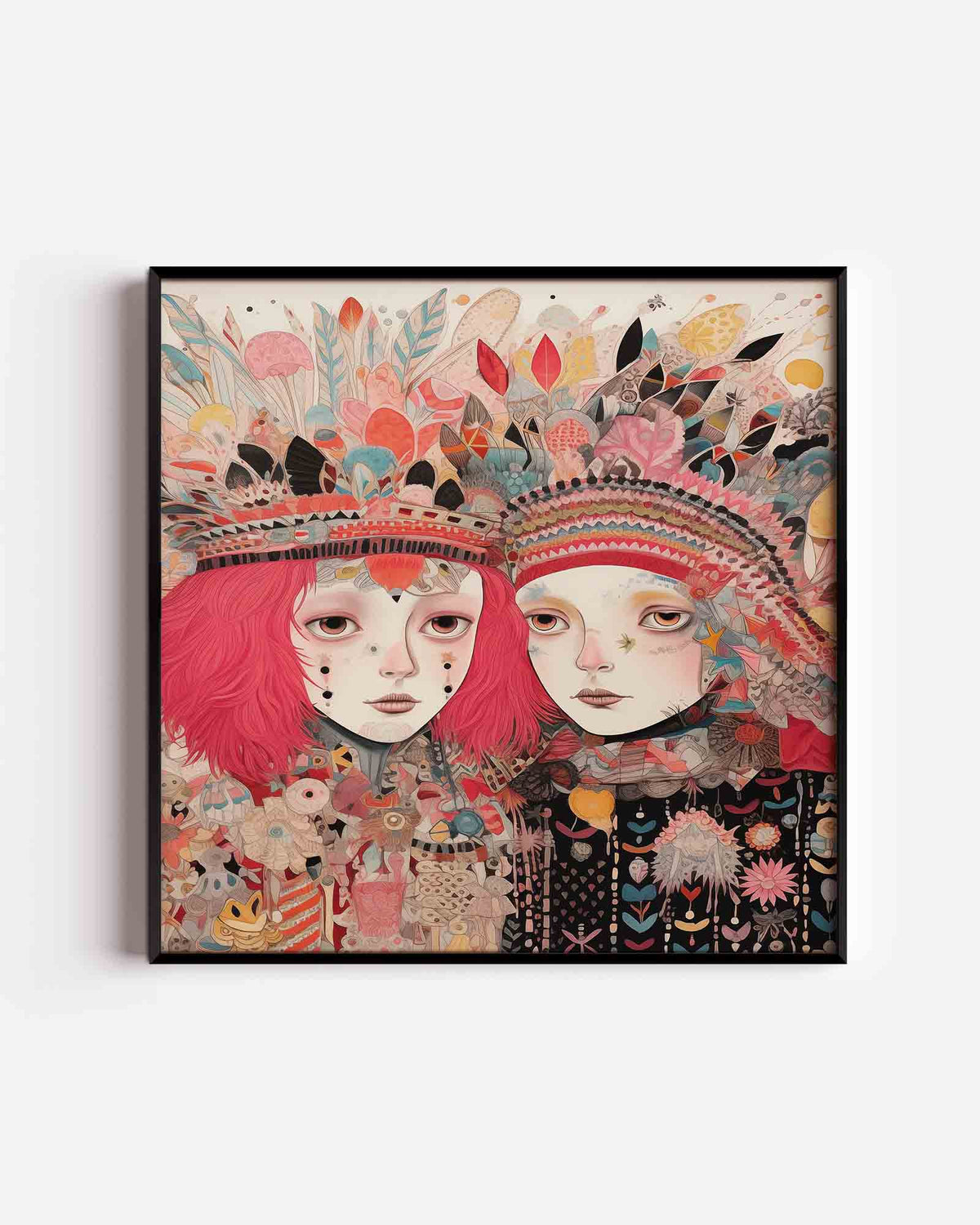 Twee figuren met kleurrijke hoofdtooien – vierkante poster met kleur en vormen als wanddecoratie