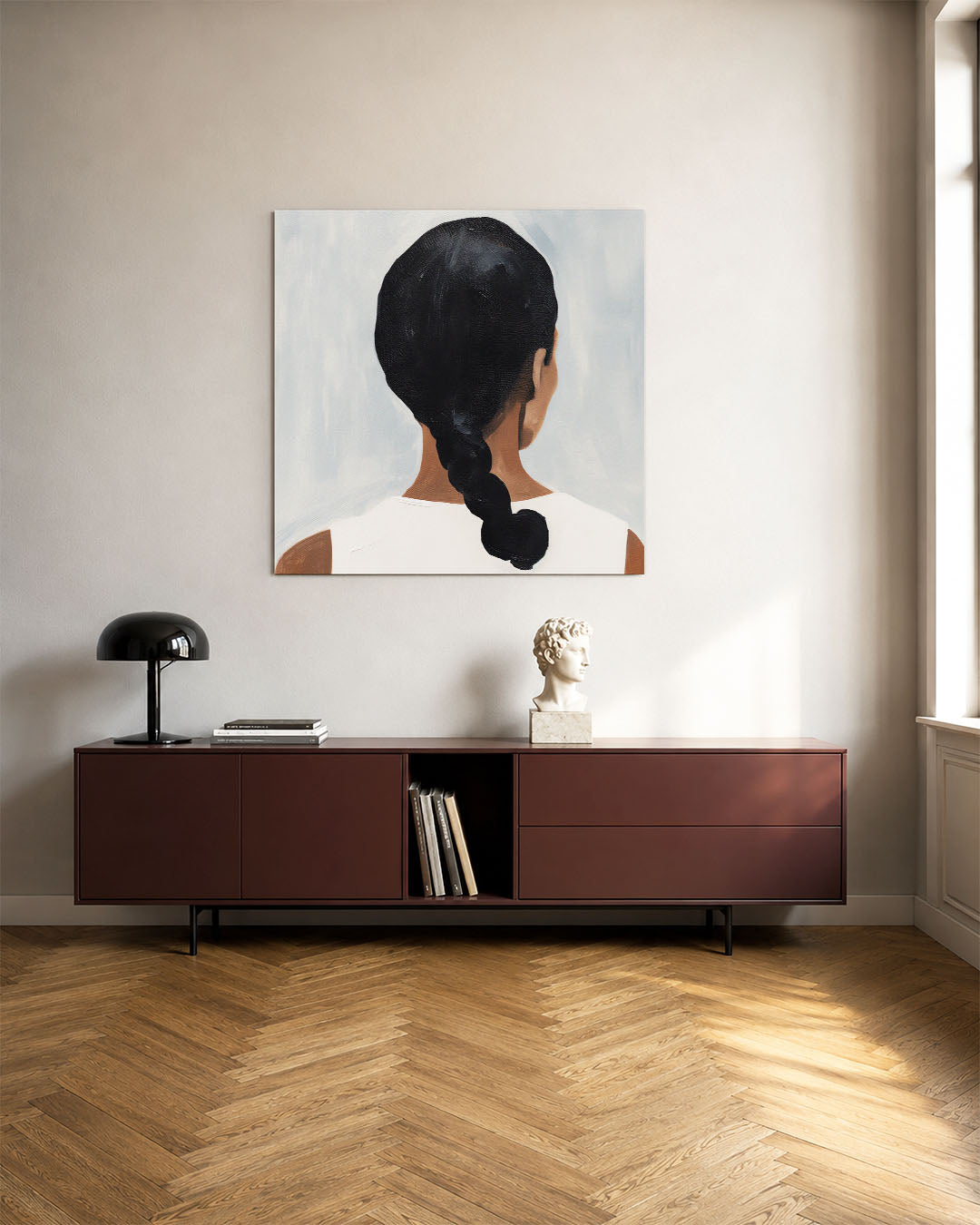 Vrouwelijke silhouet achteraanzicht kunstwerk – tweede productweergave – dit werk toont een vrouw van achteren met een