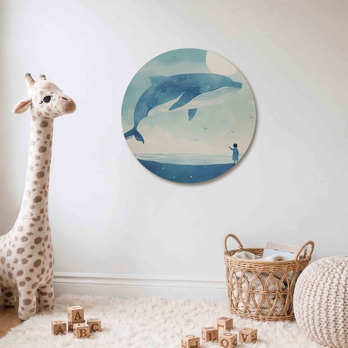 Walvis en kind Muurcirkel – Een grote blauwe walvis zweeft boven een kind dat naar de zee kijkt, met een heldere maan op de