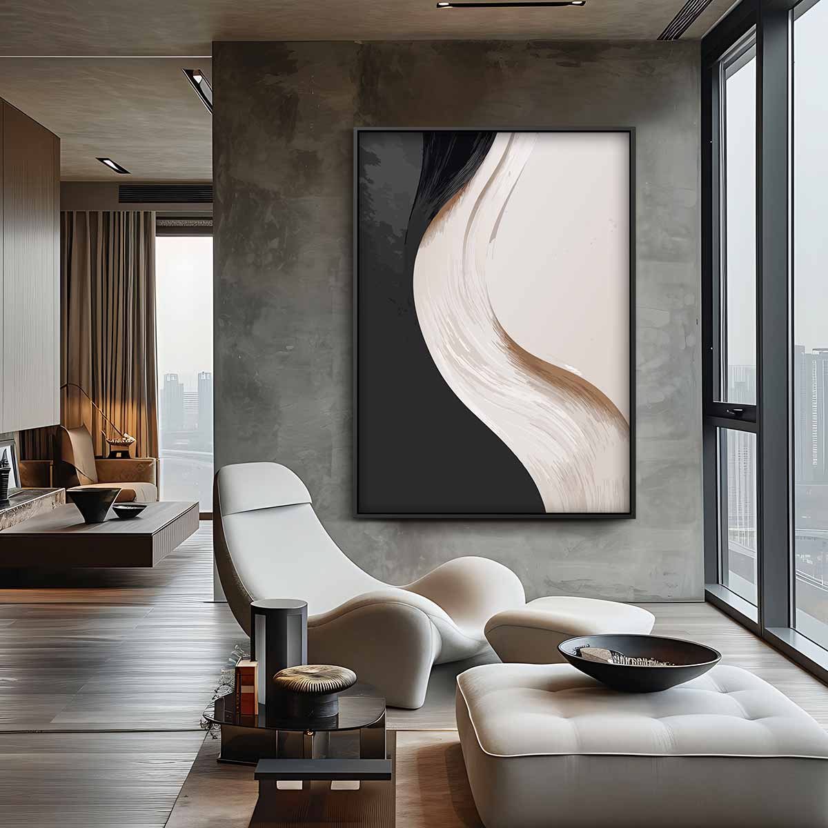 Abstracte Elegantie in Zwart en Wit – canvas wanddecoratie in portret formaat