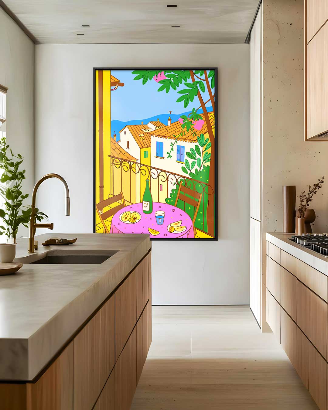 Zonnig Terras Uitzicht – staand kunstwerk voor modern interieur