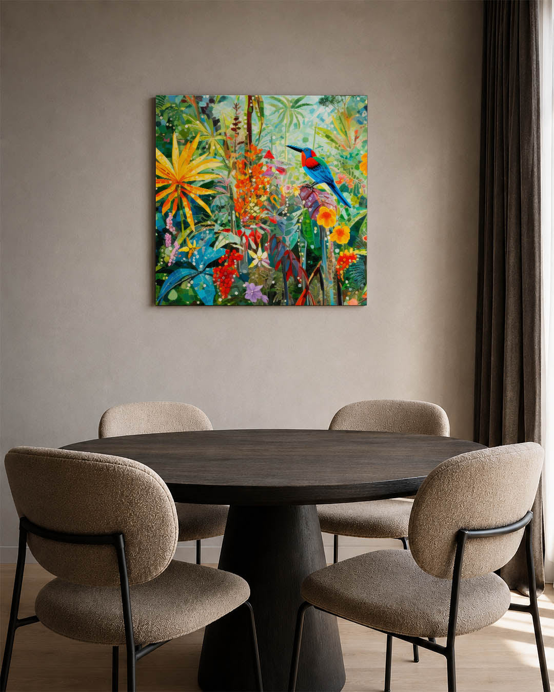 Vrolijke jungle scène kunstwerk – derde productweergave – dit kunstwerk toont een kleurrijke jungle met een levendige vogel