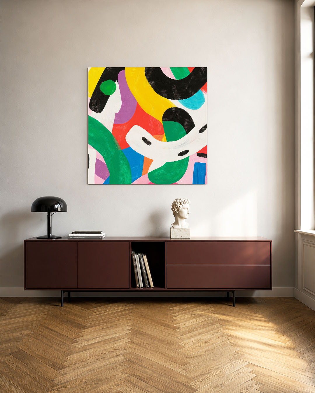 Dynamische kleurencompositie kunstwerk – tweede productweergave – dit kunstwerk toont een levendige mix van gebogen en rechte