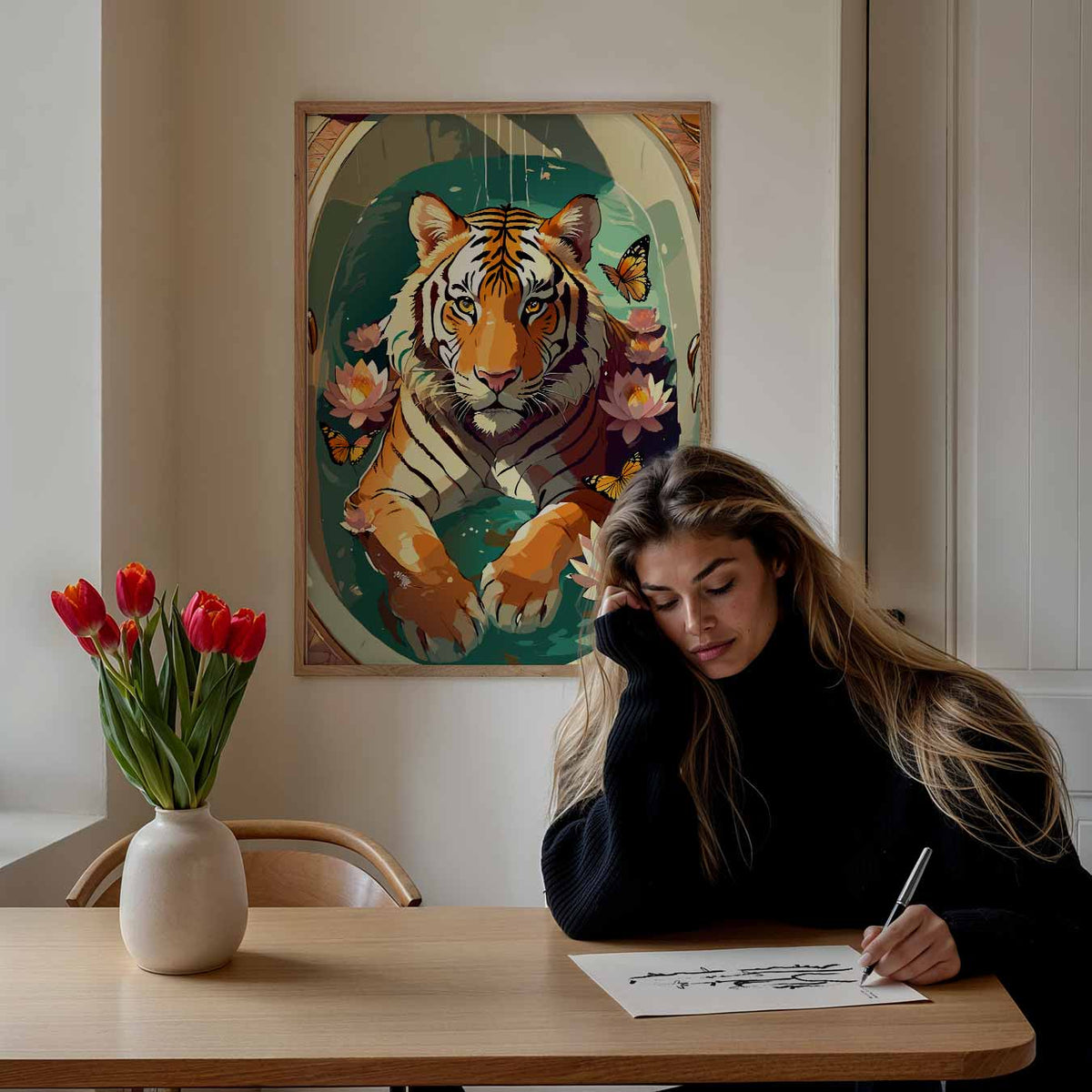 Tijger in Lotusvijver – staande dieren wanddecoratie van WallArtistic