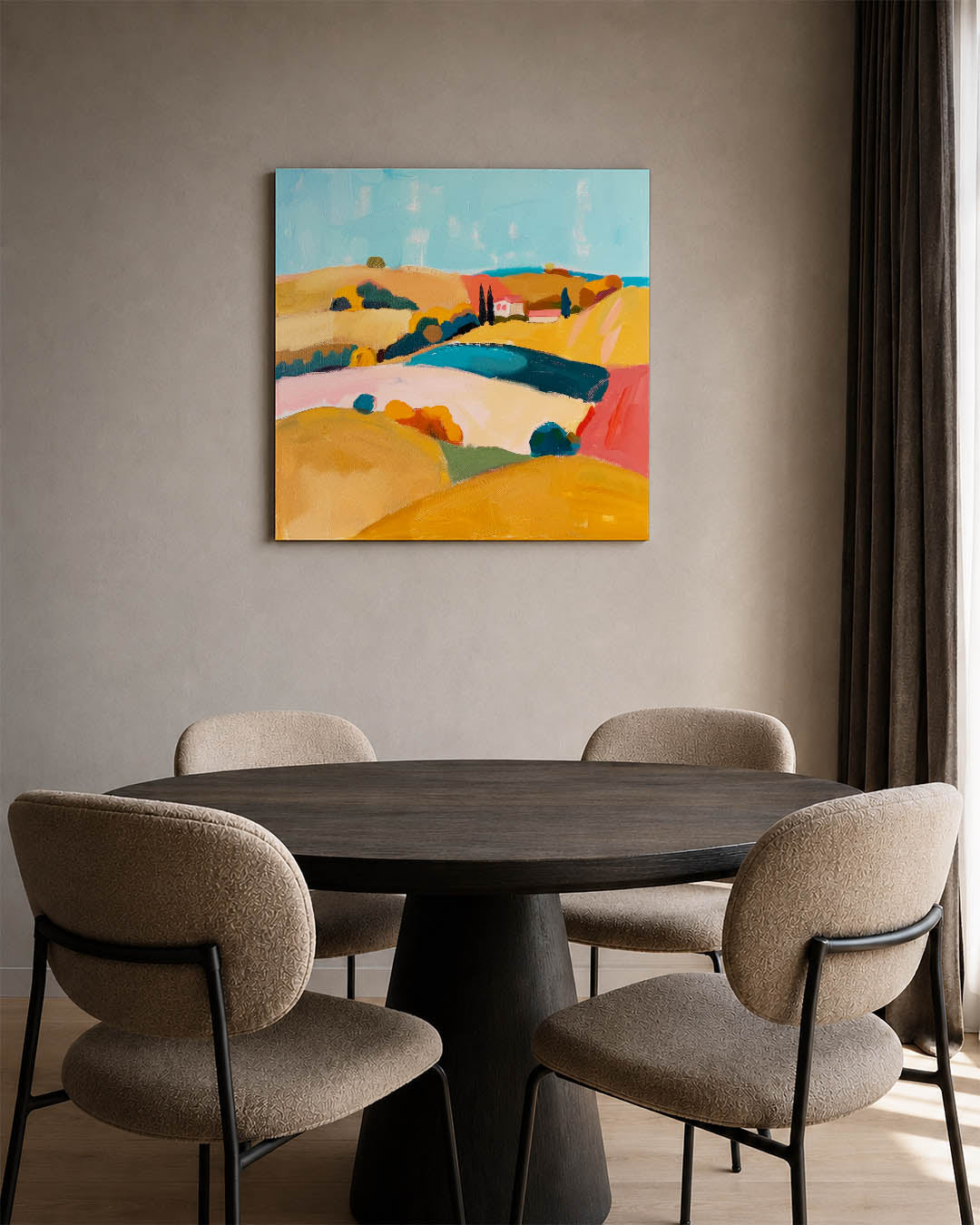 Kleurrijk landschap kunstwerk – derde productweergave – dit kunstwerk toont een levendig landschap met glooiende heuvels en