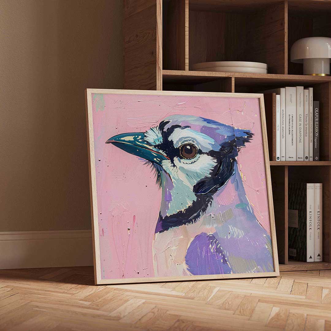Vogel op roze achtergrond – geïllustreerde wandkunst als vierkante poster