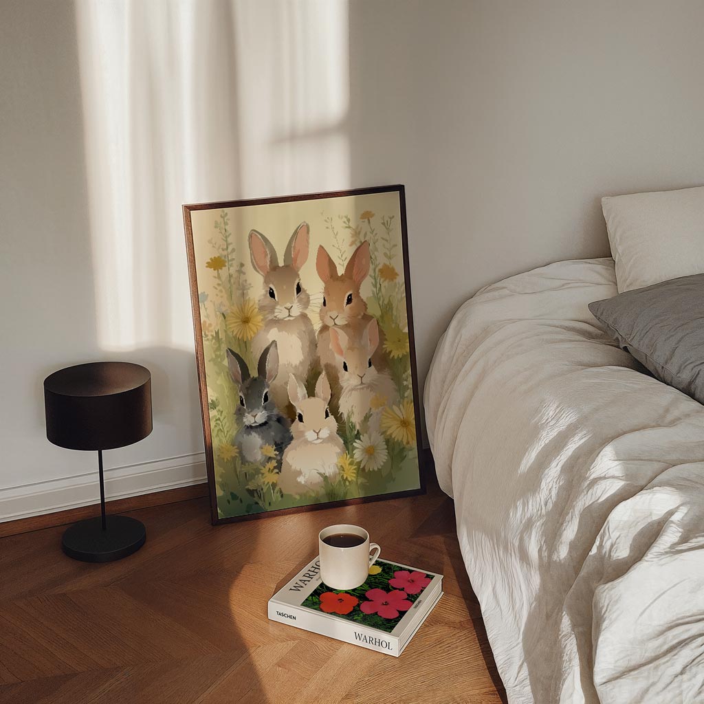 Vrolijke Konijntjes in Bloementuin – staande kinderkamer wanddecoratie van WallArtistic