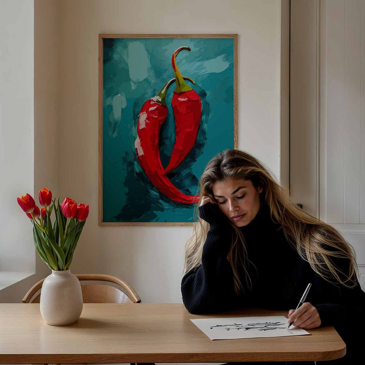 Pittige Paprika Kunstposter – keuken poster als sfeervolle staande wanddecoratie