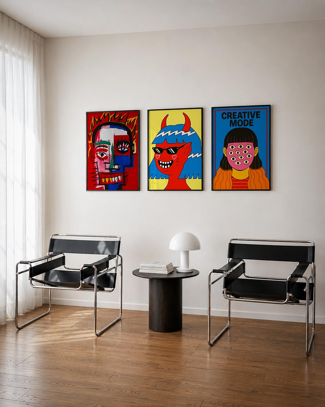 Kleurrijke gezichten driedelige posterset – felle kleuren en sterke lijnen vormen een expressief gezicht