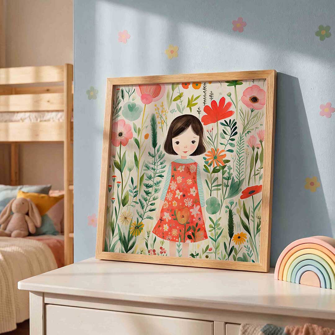 Meisje tussen bloemen – speelse wandkunst als vierkante kinderposter