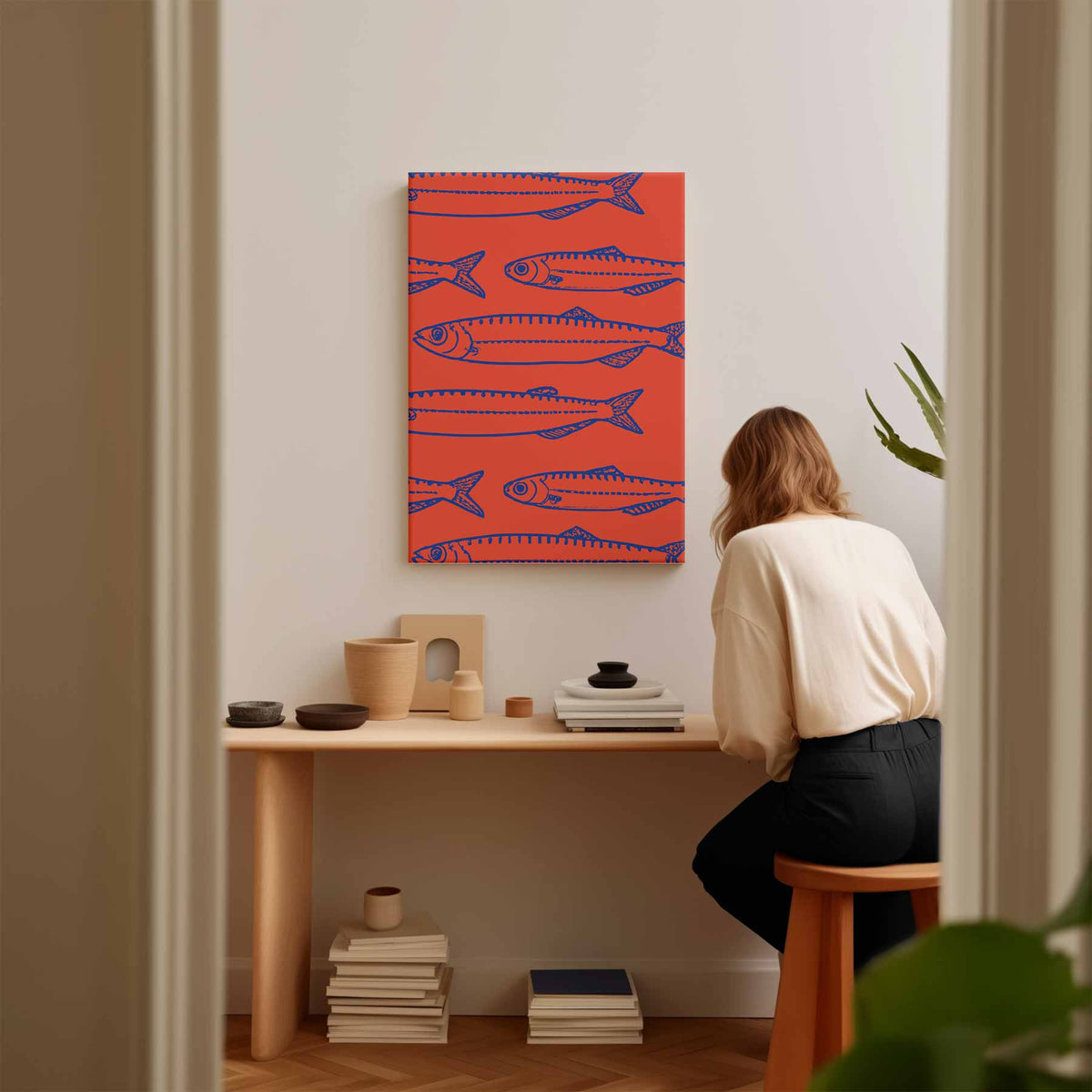 Sardine Patronen in Koraal – staand kunstwerk voor modern interieur