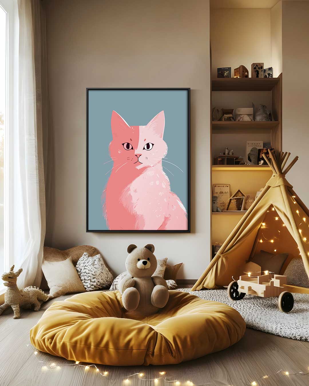 Roze Kat op Blauw Achtergrond – modern portret kunstwerk van WallArtistic