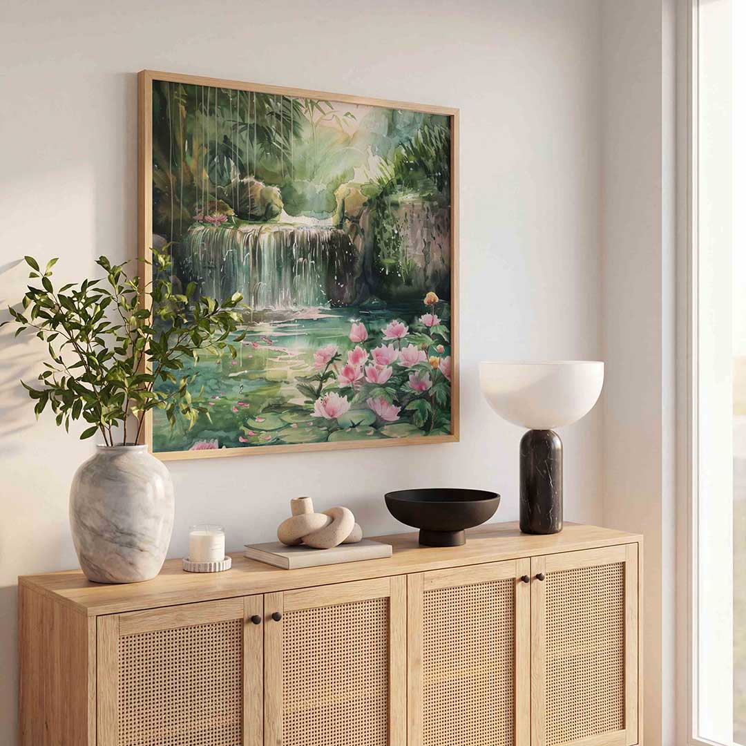 Waterval en bloemen – kleurrijke poster in vierkant formaat