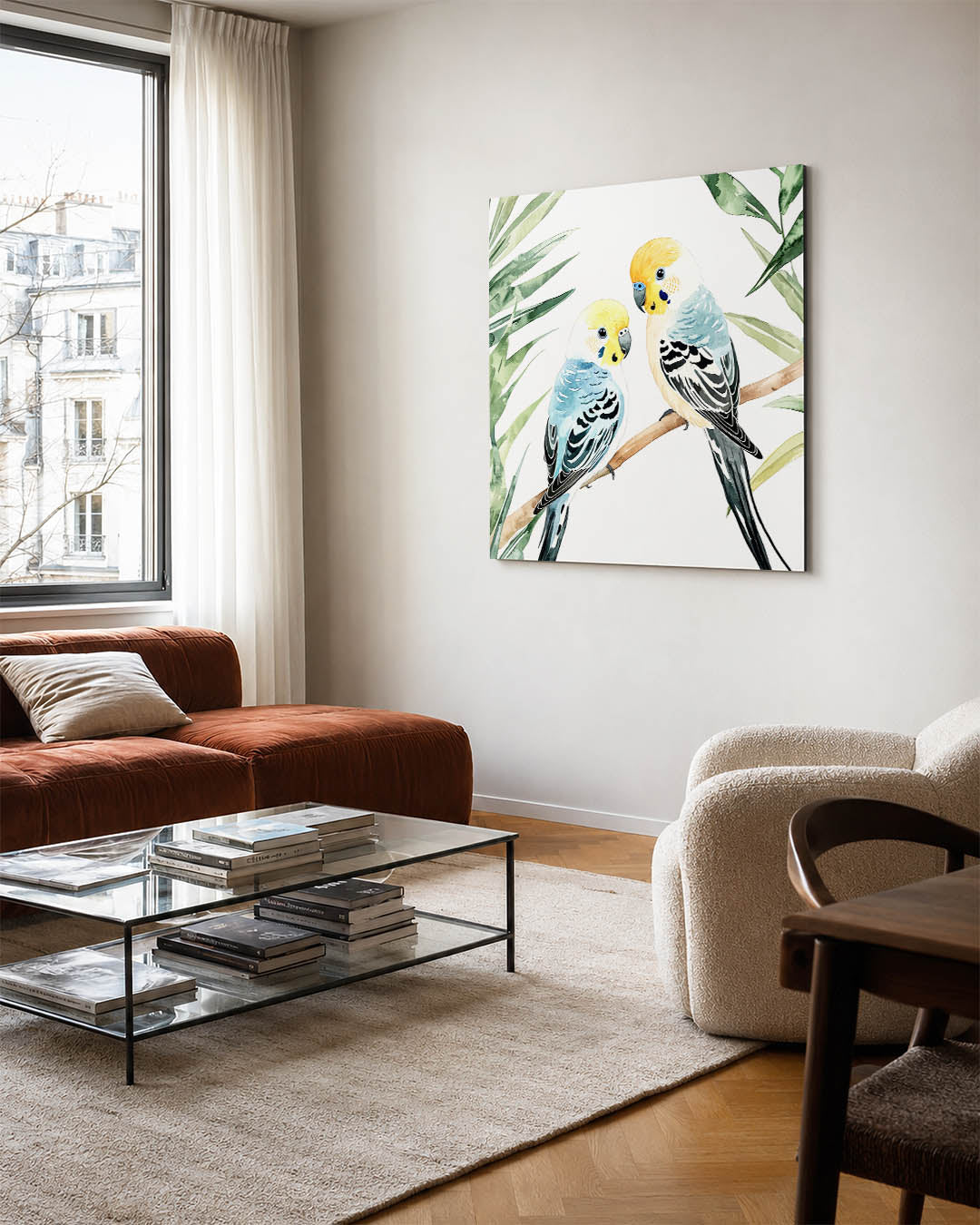Vogels op tak kunstwerk – vierkante wanddecoratie – dit kunstwerk toont twee kleurrijke vogels op een tak, omringd door