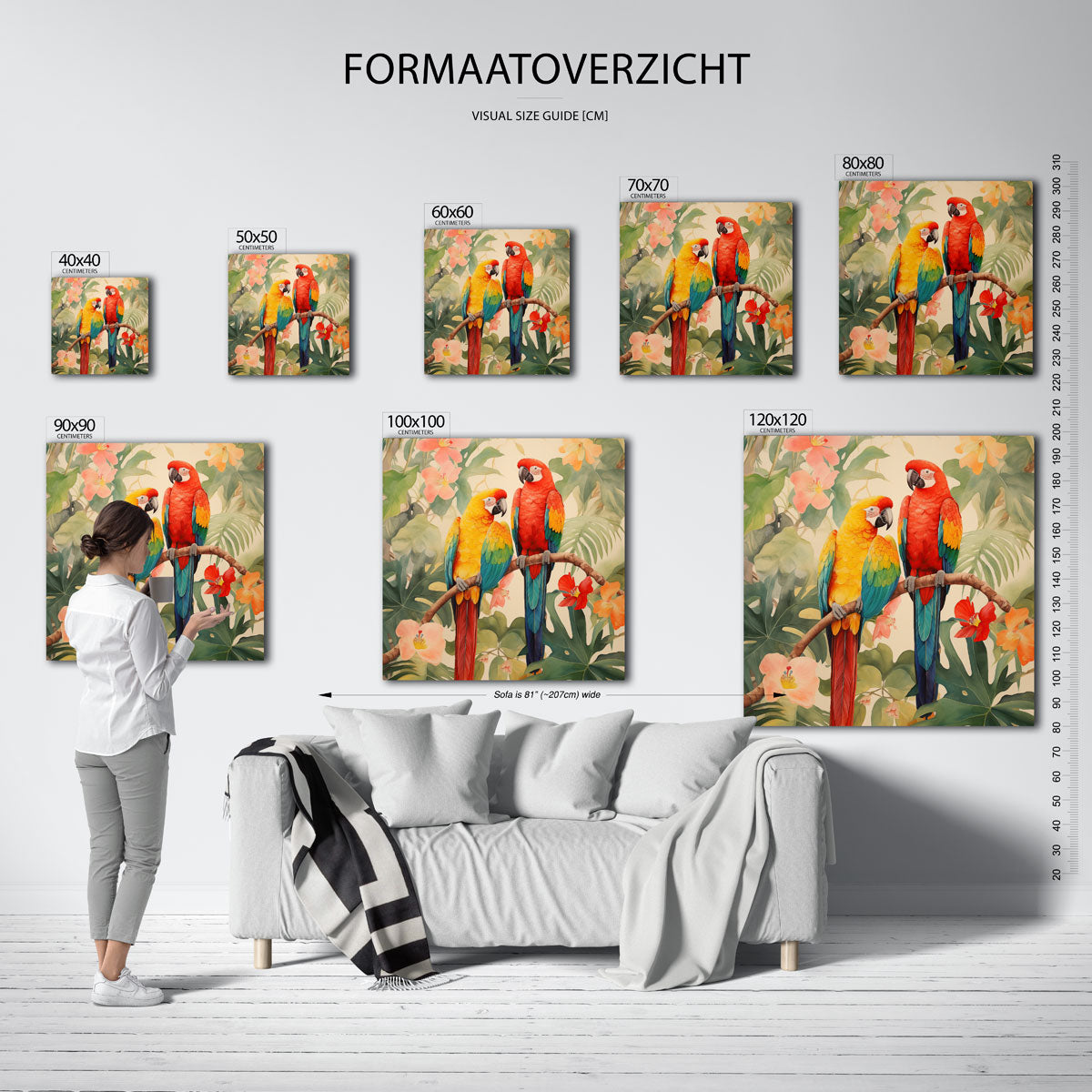 Papegaaien en bloemen – vierkante jungle wanddecoratie van WallArtistic