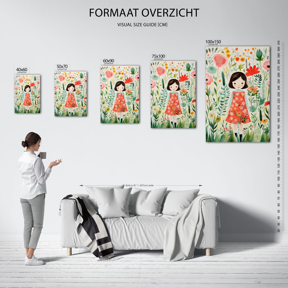 Bloemenmeisje illustratie – staande wanddecoratie van WallArtistic