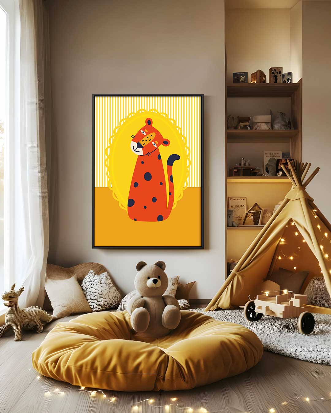 Vrolijke Cheetah op Geel – modern portret kunstwerk van WallArtistic