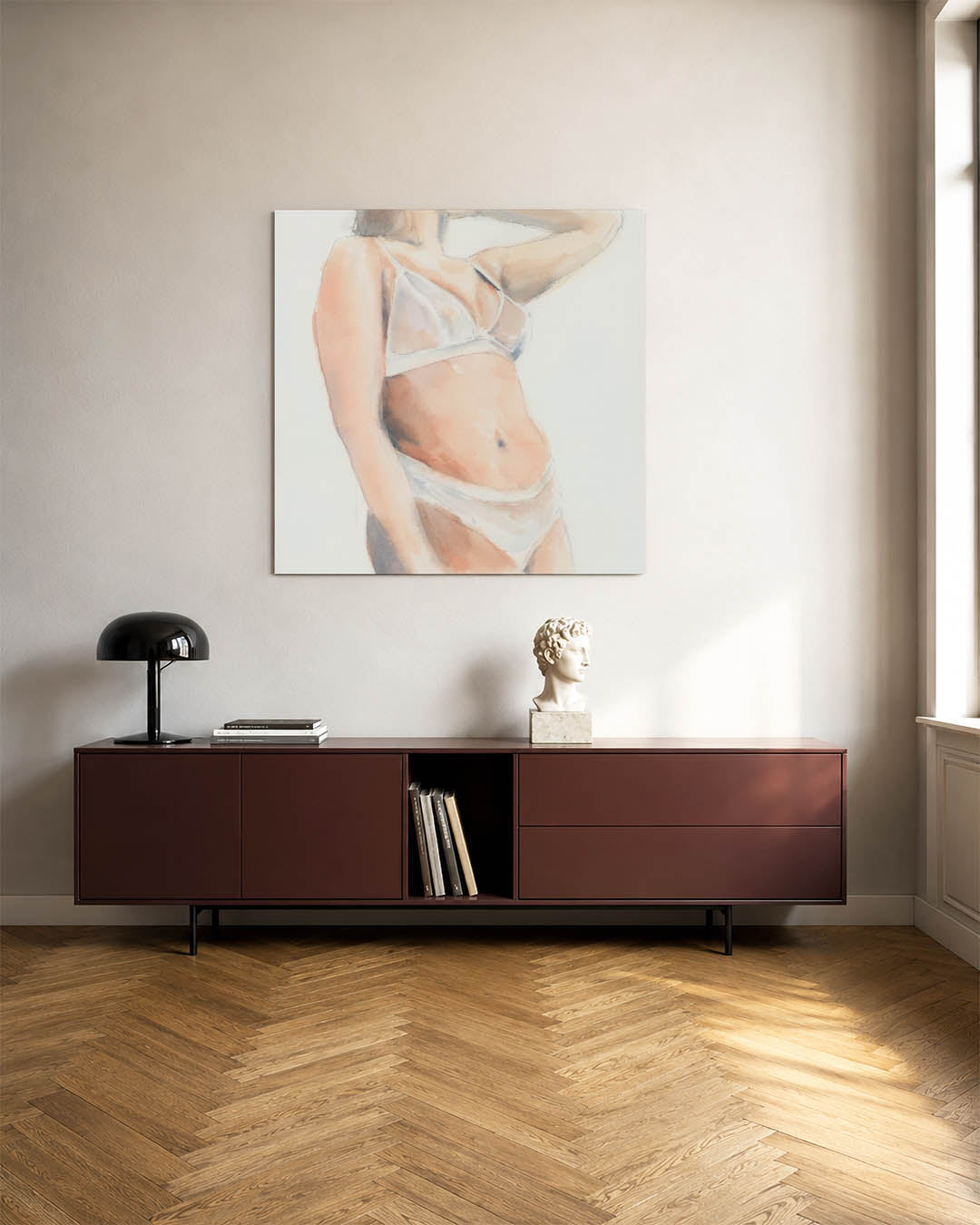 Zachte lichaamsvormen kunstwerk – tweede productweergave – dit werk toont subtiele lijnen en zachte kleuren die een serene