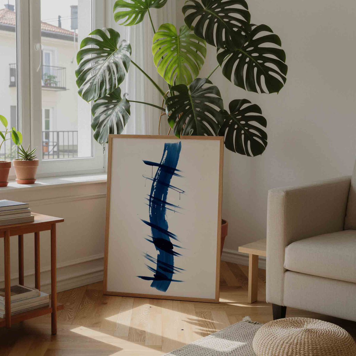 Blauwe penseelstreken – moderne wandkunst als portret poster