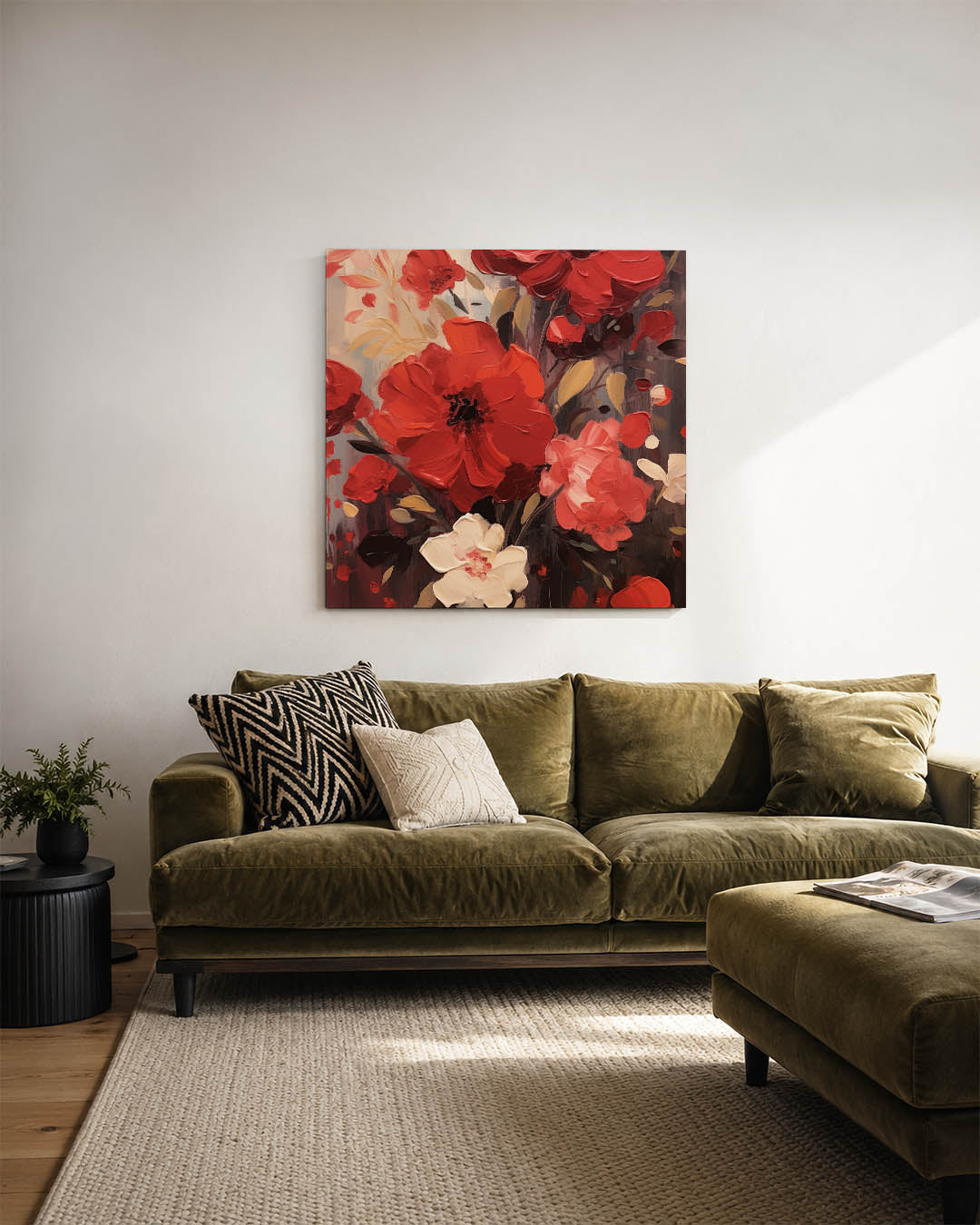 Expressieve bloemen kunstwerk – sfeerbeeld – dit kunstwerk toont levendige bloemen in rijke tinten, met dynamische