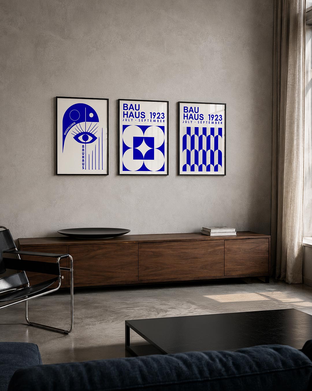 Oog en lijnen posterset – tweede productweergave – een blauw oog met stralen en lijnen, omgeven door cirkels en halve
