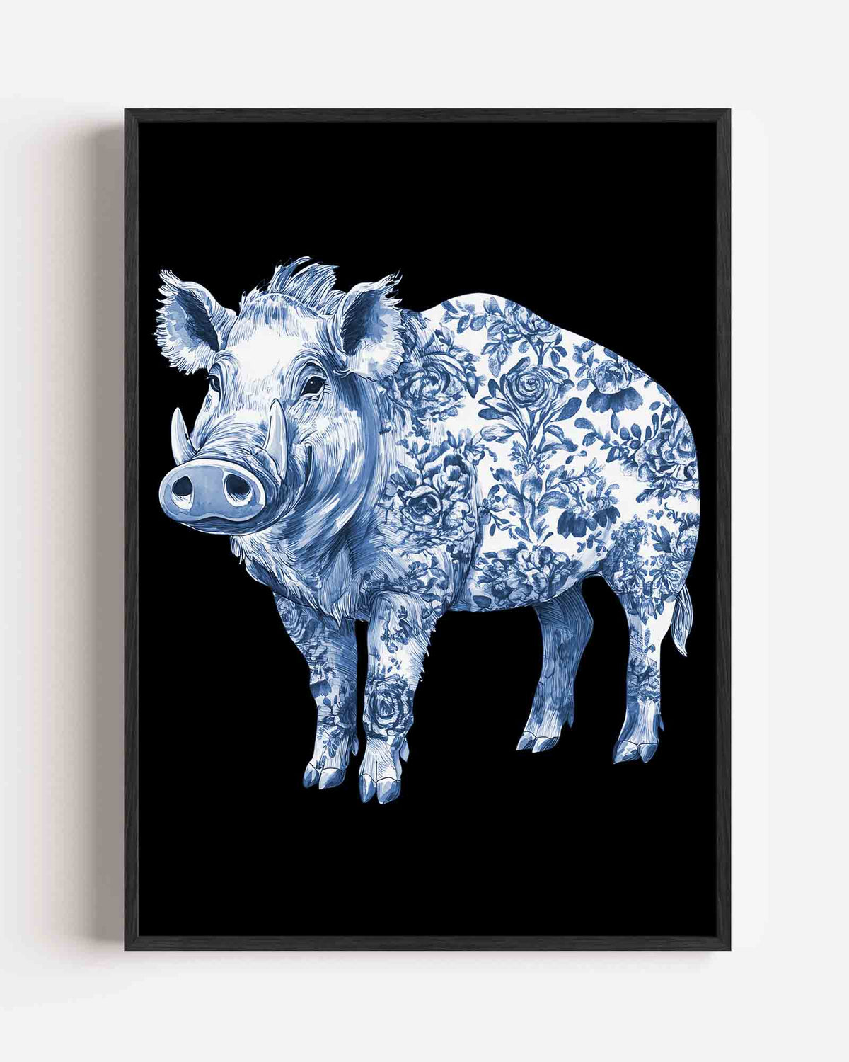 Wilde zwijn met bloemen – Delfts blauwe portret poster als wanddecoratie