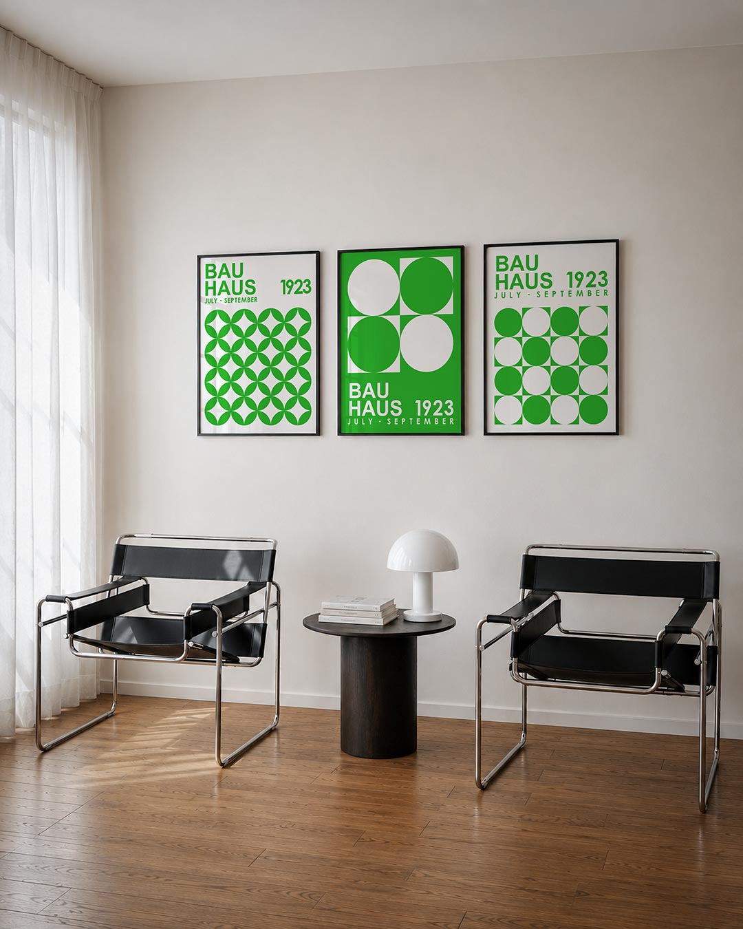 Groene cirkelpatronen posterset – tweede productweergave – deze posterset in drie delen toont een herhaling van groene