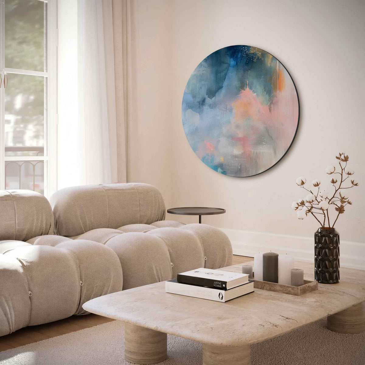 Abstracte blauwe en oranje – moderne abstracte muurcirkel voor aan de muur