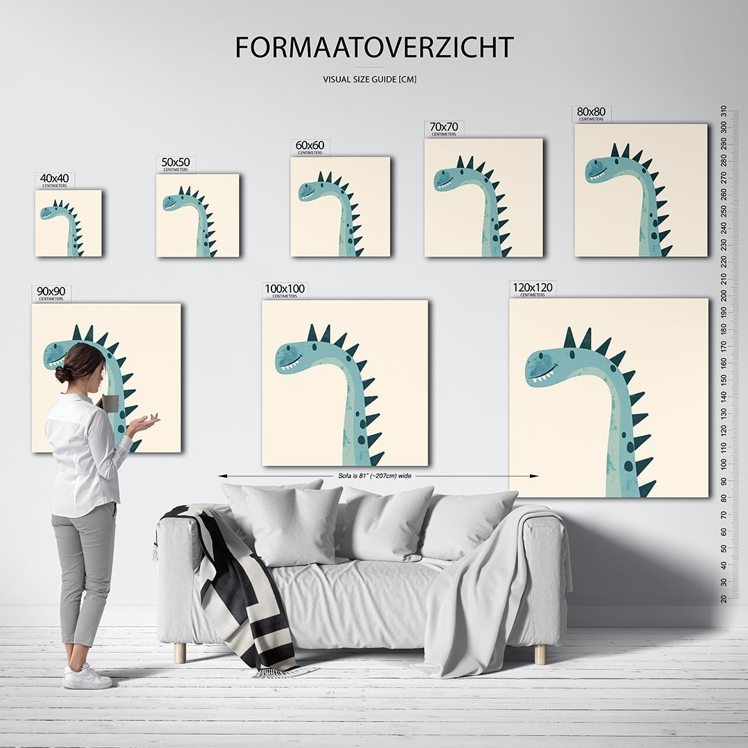 Vrolijke dino illustratie kunstwerk – sfeerbeeld – dit kunstwerk toont een speelse dinosaurus met een glimlach, weergegeven