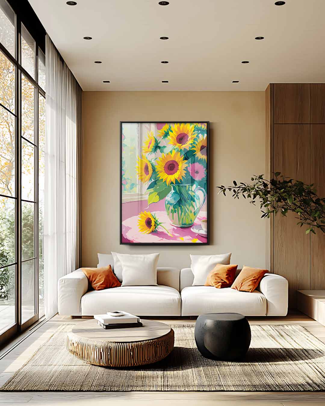 Zomerse Zonnebloem Schilderij – kunstwerk met zwarte baklijst