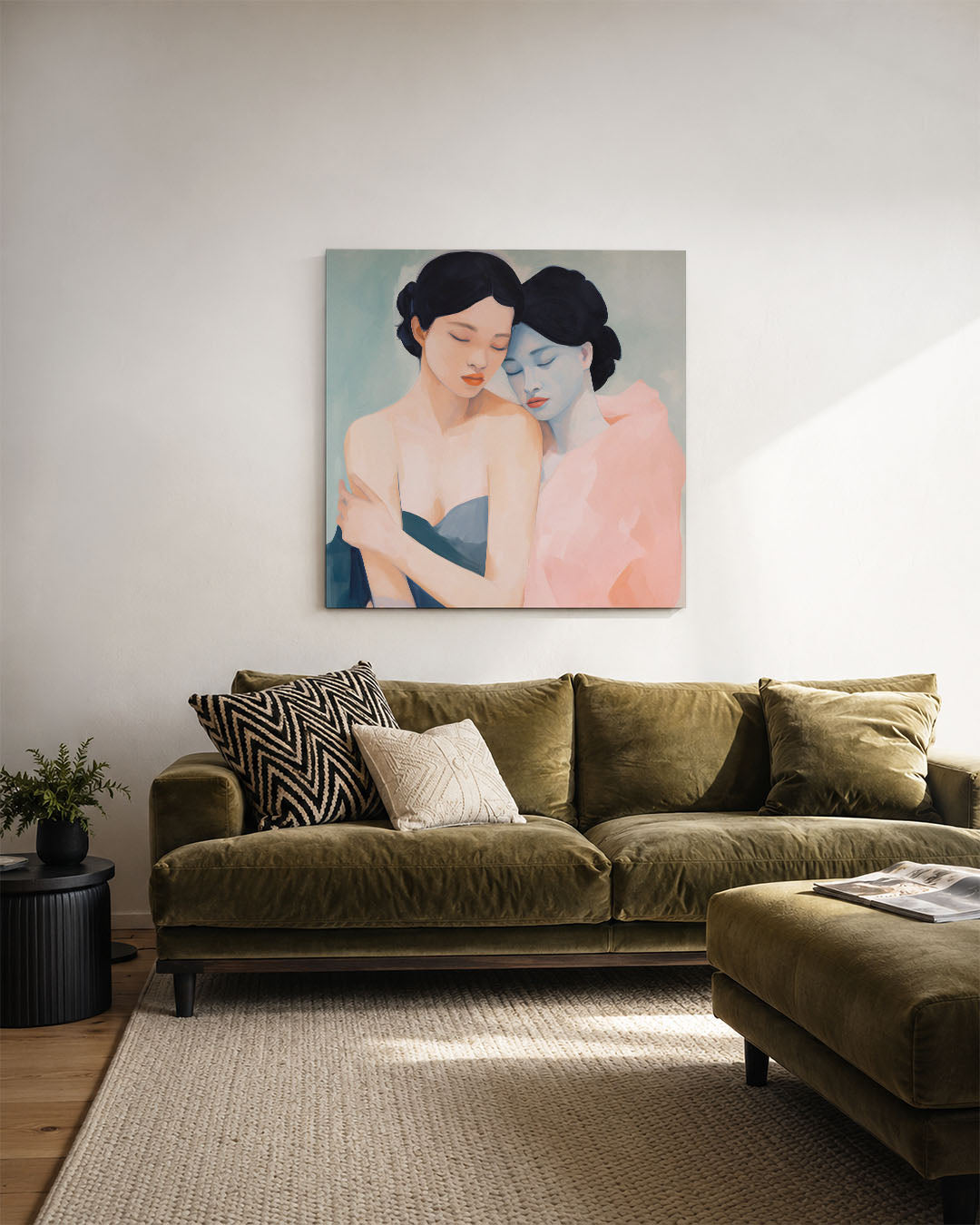Intieme omhelzing kunstwerk – derde productweergave – dit kunstwerk toont twee figuren in een zachte omhelzing, met vloeiende