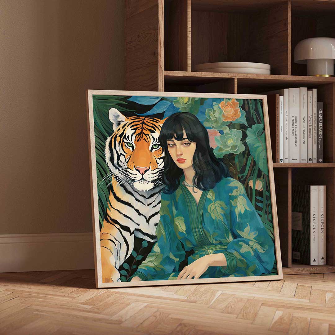 Vrouw en tijger – geïllustreerde wandkunst als vierkante poster