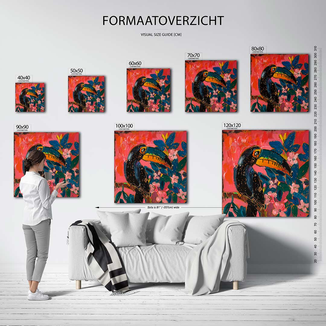 Vrolijke toekan kunstwerk – dit kunstwerk toont een kleurrijke toekan te midden van levendige bloemen en bladeren, met een