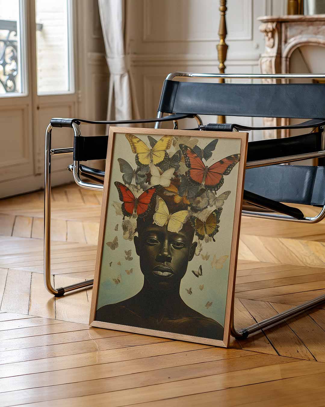 Vlinders in je Haar Kunstposter – urban poster in staand formaat