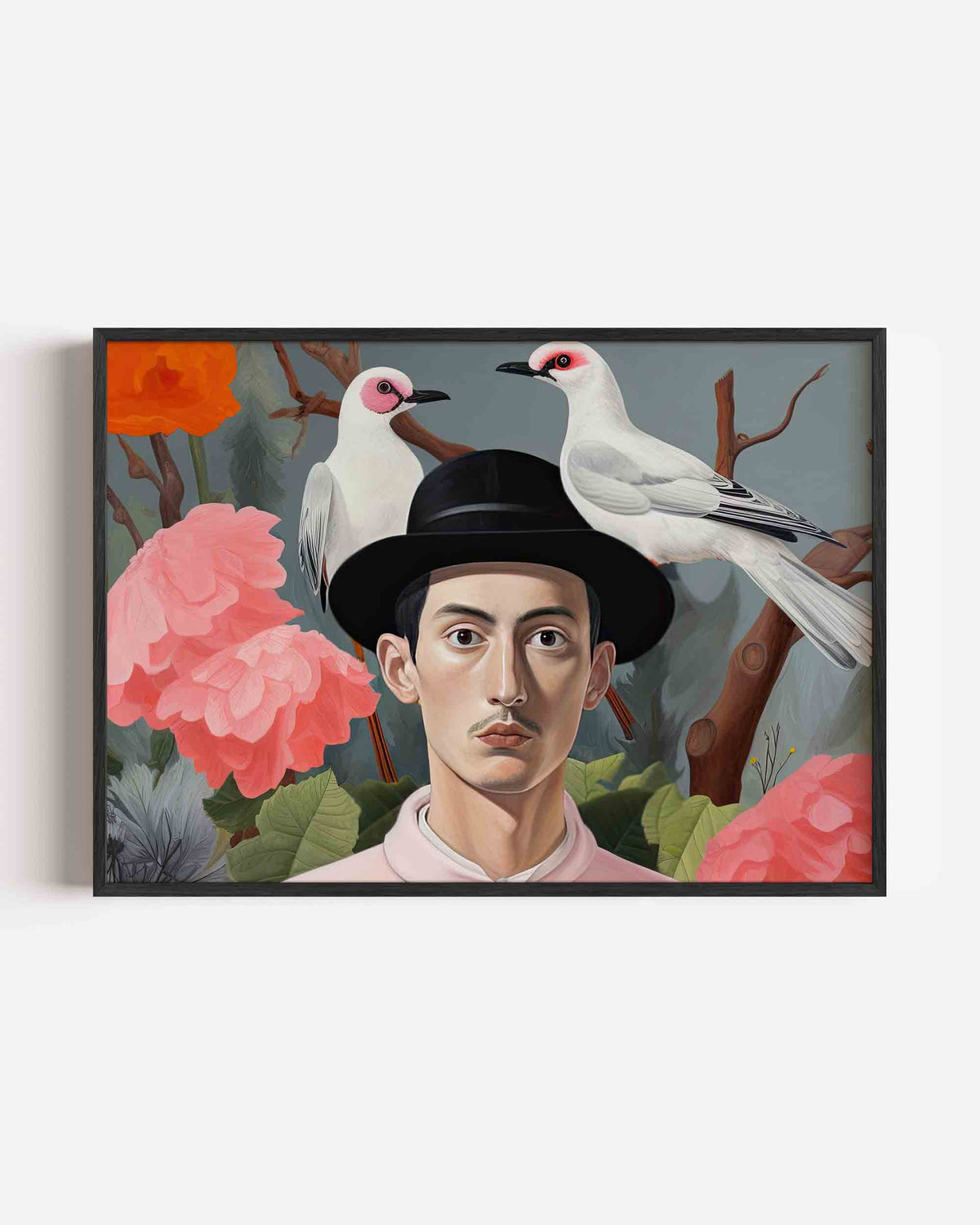 Man met hoed en vogels – dieren landscape poster als wanddecoratie