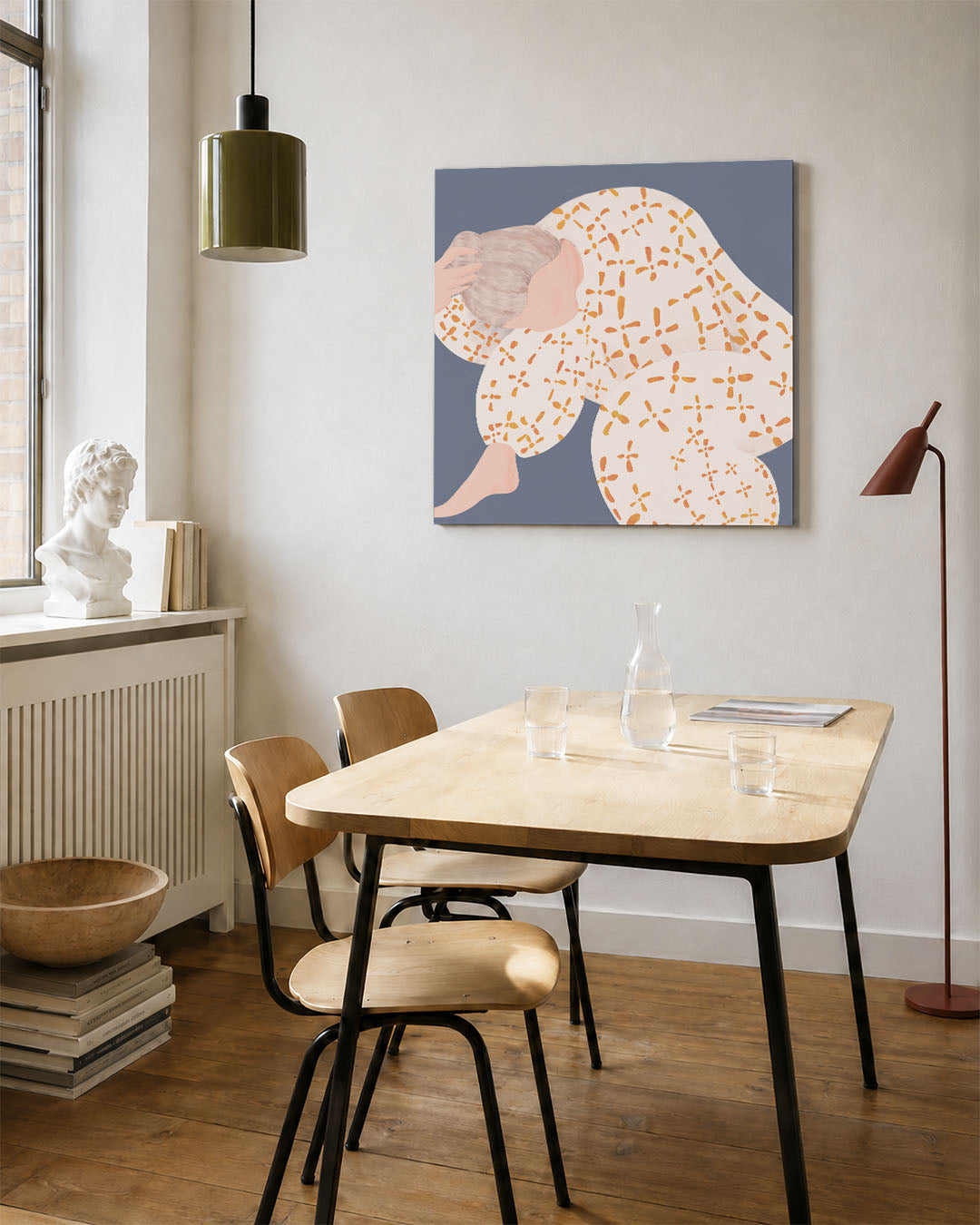 Gestileerde figuur kunstwerk – vierkante wanddecoratie – dit kunstwerk toont een figuur in een gebogen houding met een