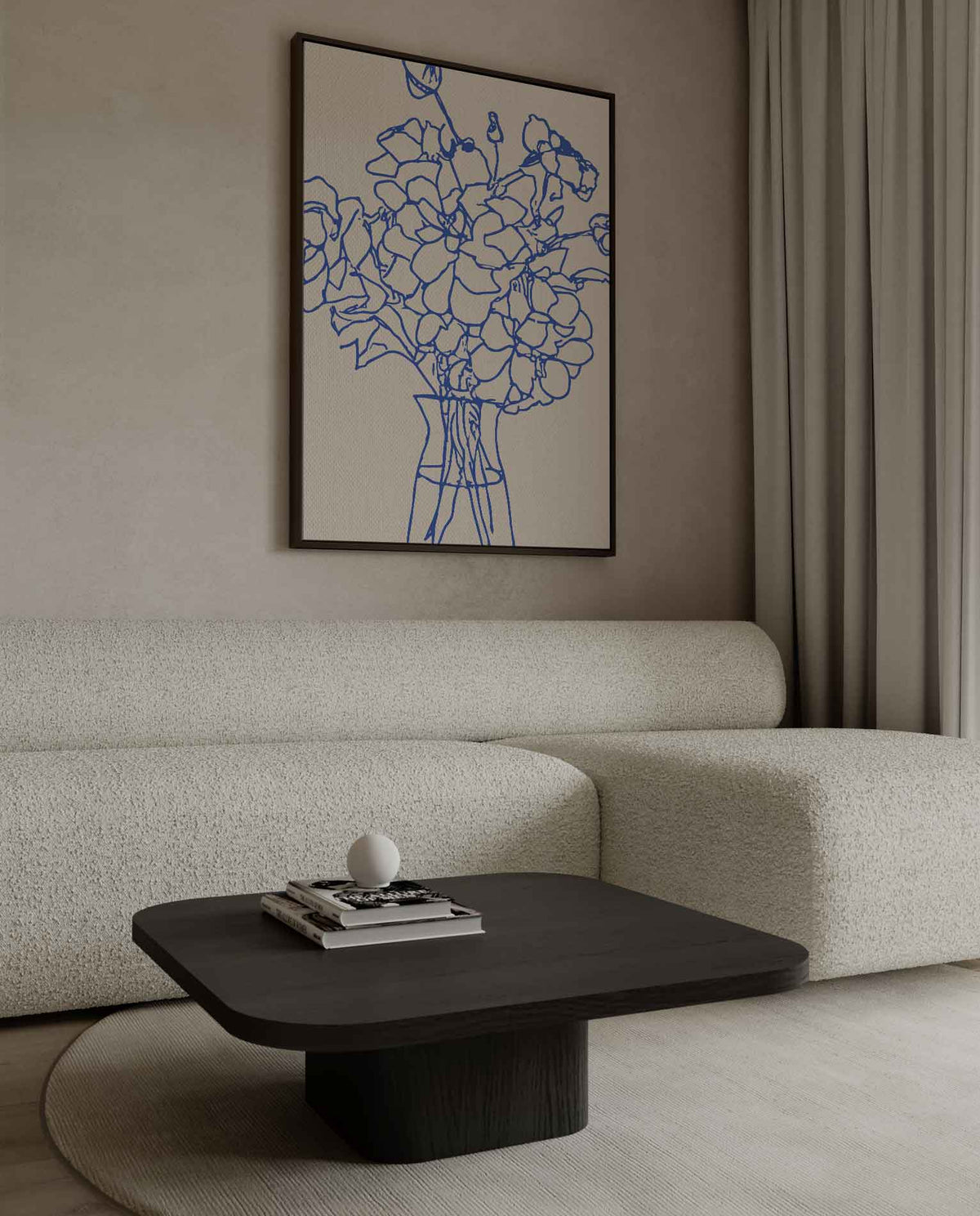 Elegante Blauwe Bloemenlijn – dibond wanddecoratie in staand formaat
